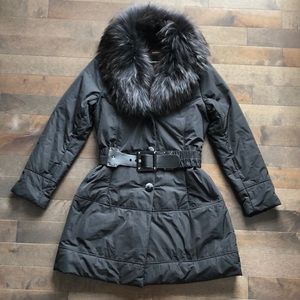 Danier Nylon Coat with Removable Genuine Fox Fur Collar, & faux leather belt
